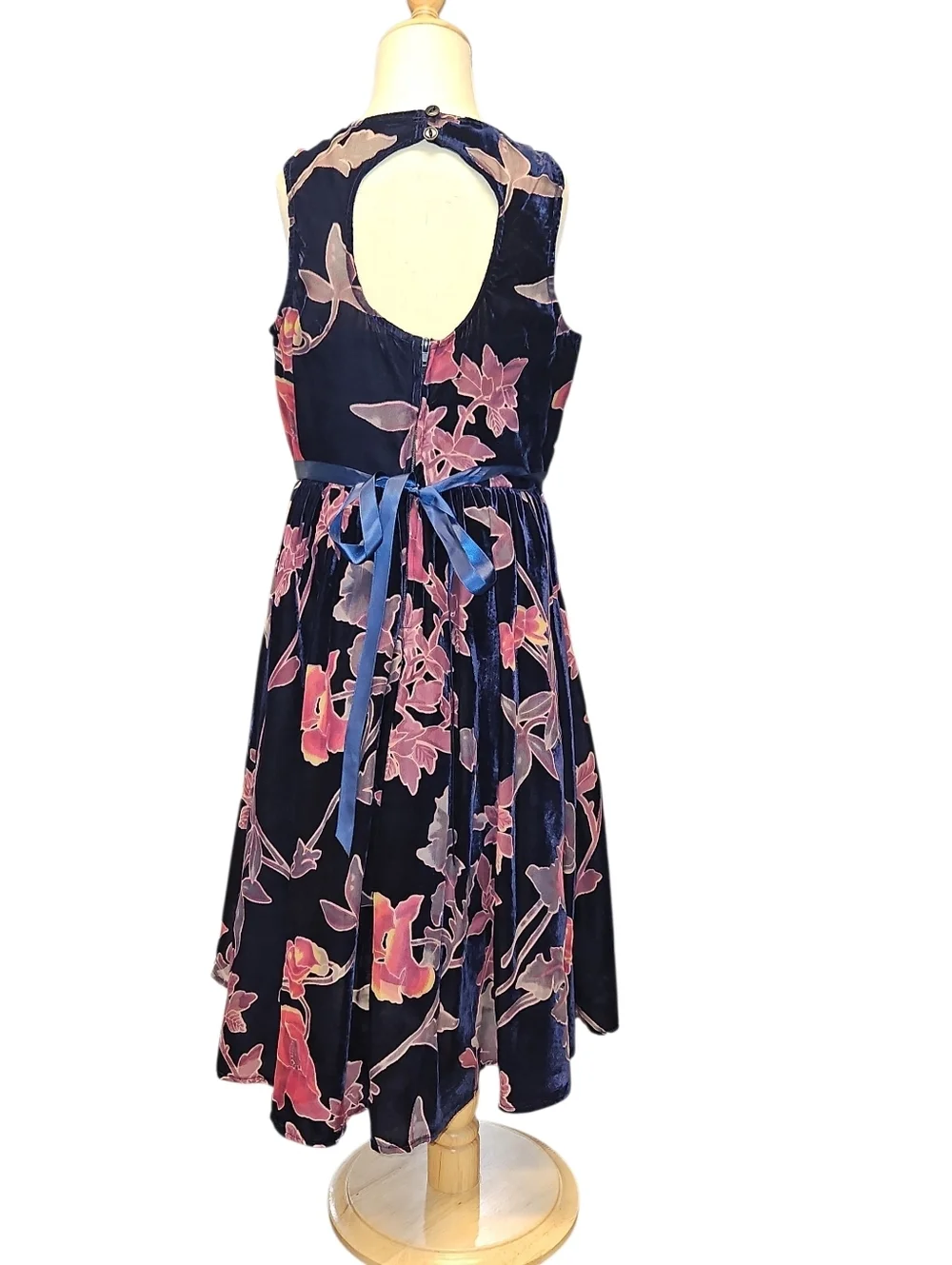Rare Editions Navy Velvet Dress with Pink Floral Accents Size 8
